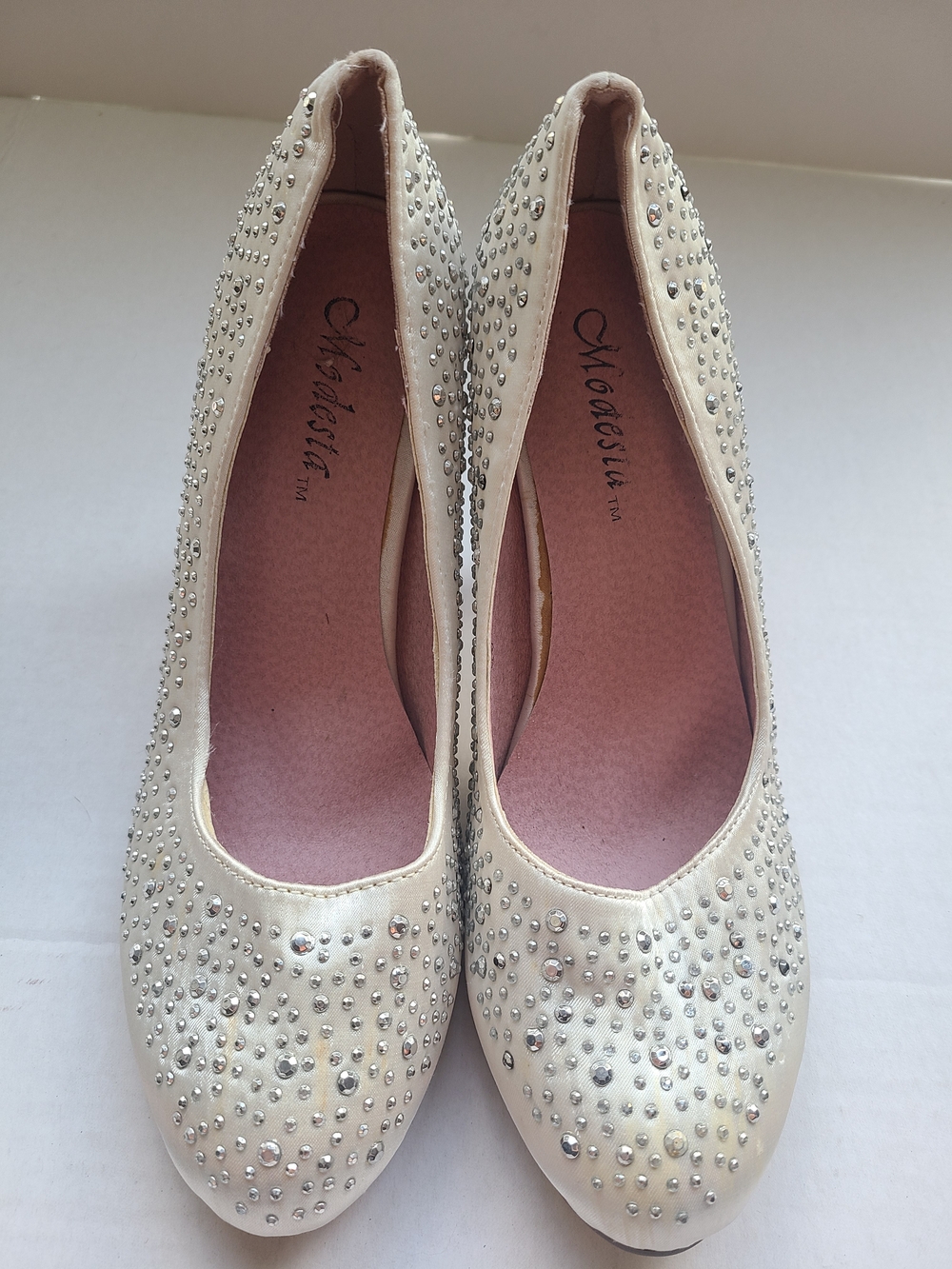 Modesta Women's Cream Crystal-Studded Round-Toe Heels